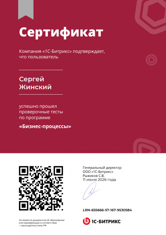 Сертификат "Бизнес-процессы" Сергей Жинский